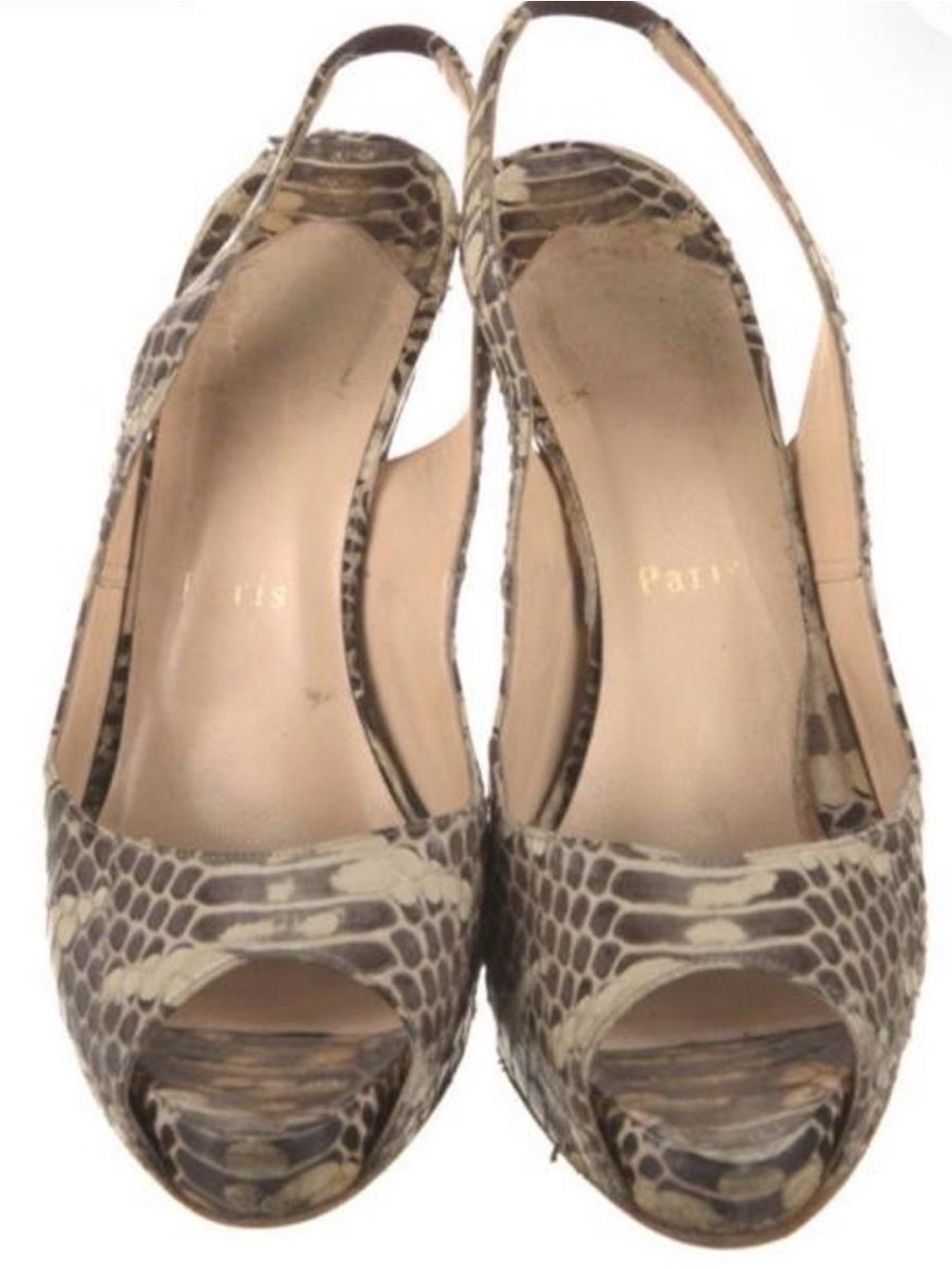 Christian Louboutin Snake-Print Peep Toe Slingback Heels - Beige and Brown